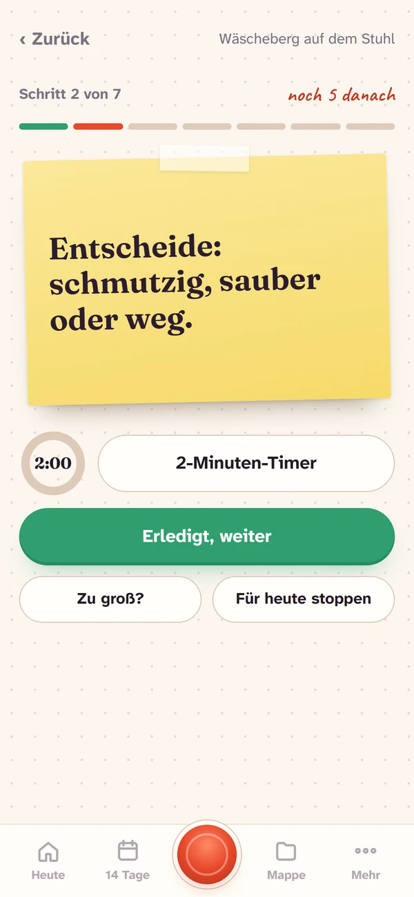Ein Schritt in der App: Entscheide: schmutzig, sauber oder weg.